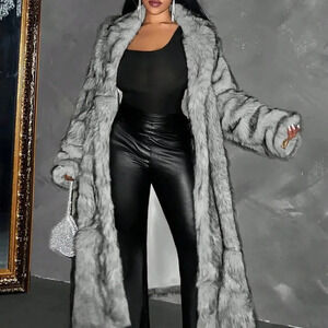 Grey Women's Plus Size Fluffy Long Coat